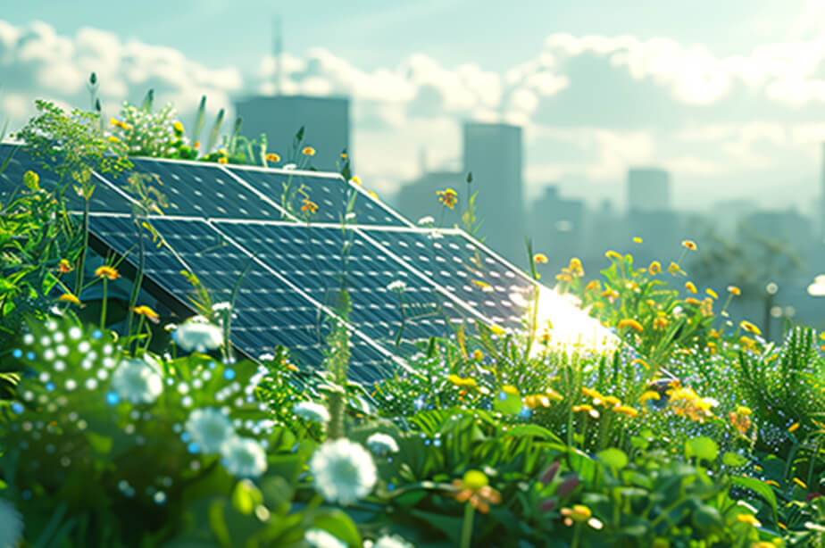 たくさんの植物に囲まれた太陽光発電パネル